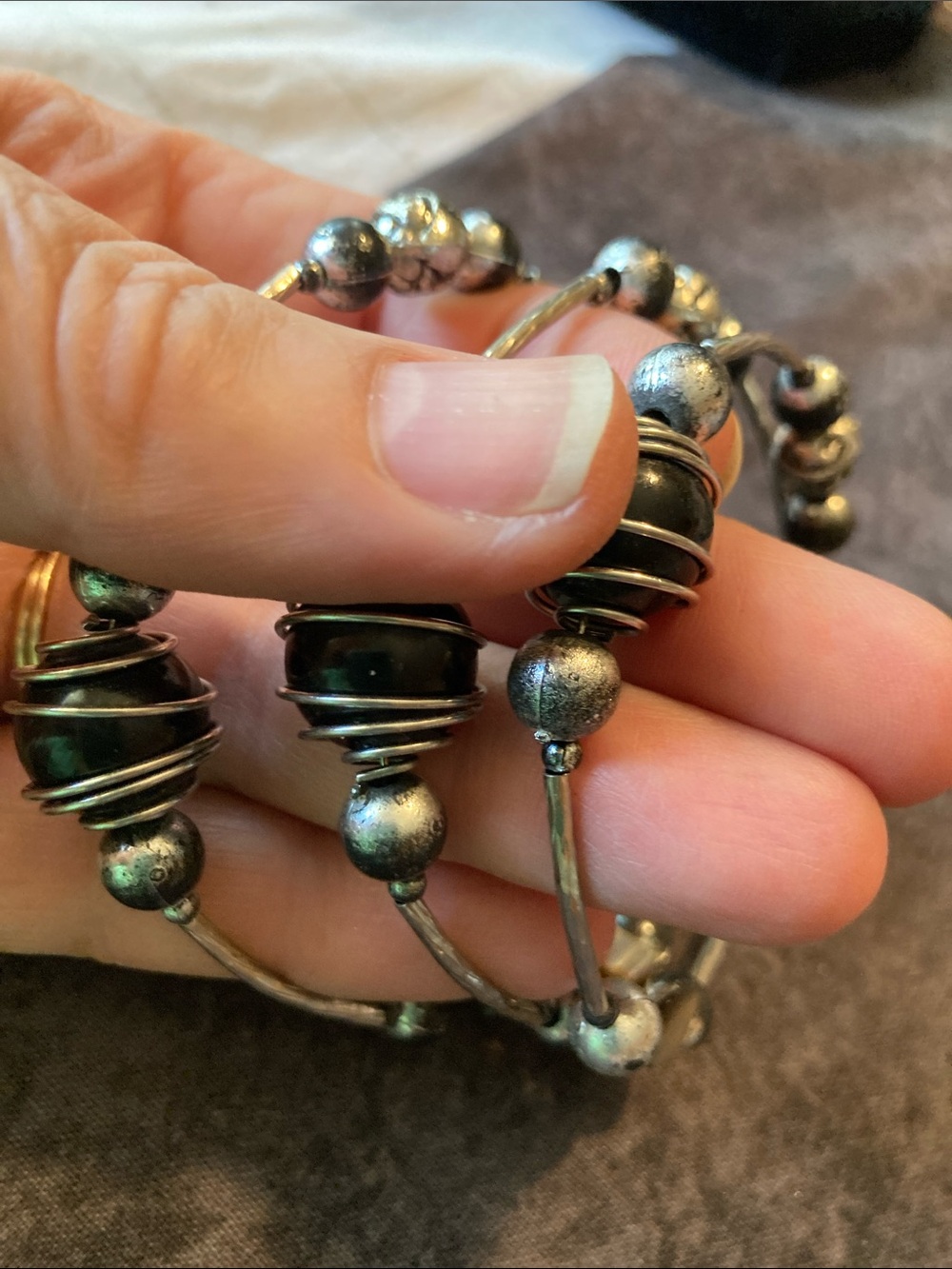 Handcrafted Silver-Tone Wire Wrapped Bead Bracelet - Black Beads